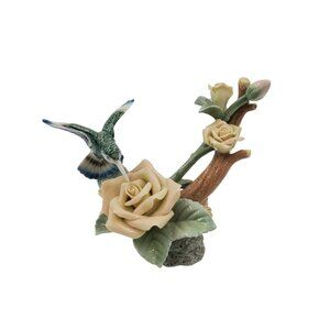 Hummingbird & Yellow Roses Porcelain Figurine Sculpture Figurine